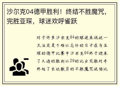沙尔克04德甲胜利！终结不胜魔咒，完胜亚琛，球迷欢呼雀跃